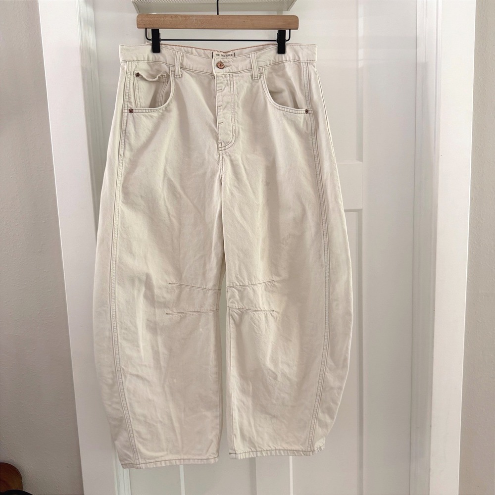 We The Free Free People Good Luck Mid-Rise Barrel Jeans Milk Cream Boho Denim 30